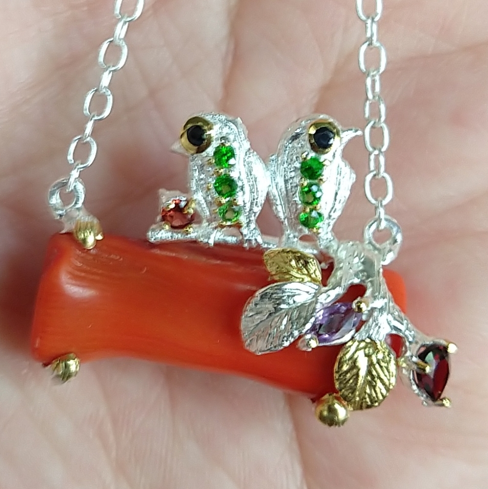 Sterling natural coral bird artistic necklace